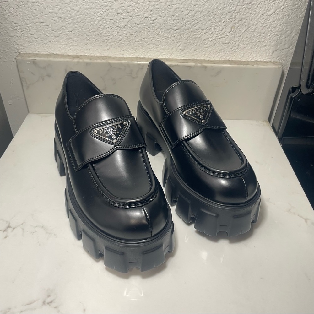 Prada Black Chunky Lug Sole Leather Loafers
